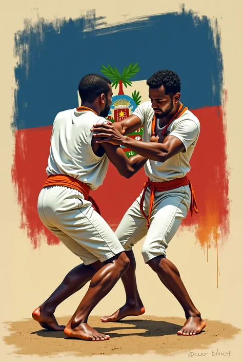  Illustration about Capoeira, Struggle of Brazilian origin .  in the scene there are 2 capoeirista ren from Brazil fighting capoeira ,  they wear white shirts and white pants and an orange rope around the waist. In the background there is the Haitian flag ...