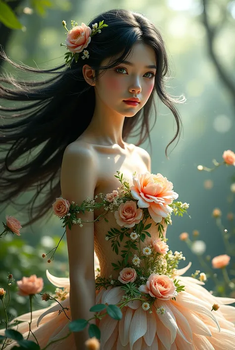 Create a seventeen-year-old fairy with a delicate white dress made of flowers and leaves. Let her have black hair and green eyes. Show her whole figure