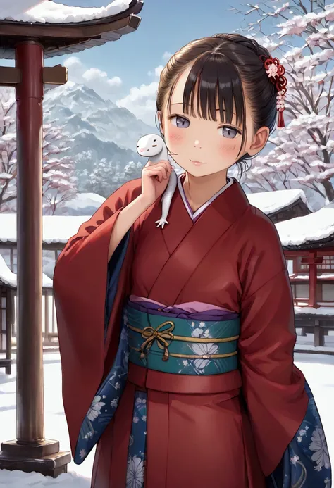 masterpiece, top quality , high res,Anatomical, detailed description ,8k,kawaii,Snow Scene,shrine,kimono,(( 1 )),Baby Face,Petite,flat body ,Long-sleeved kimono,White Snake,