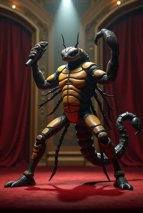 A scorpion on a stage with a microphone in his hand