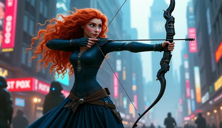 Merida disney brave movie, in cyberpunk gear, cyberpunk London background, power bow