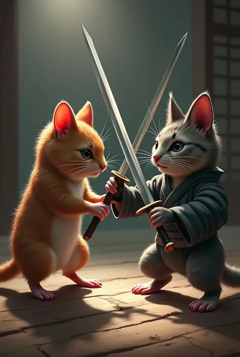 a hamster humanoid fights a katanafight with a cat humanoid