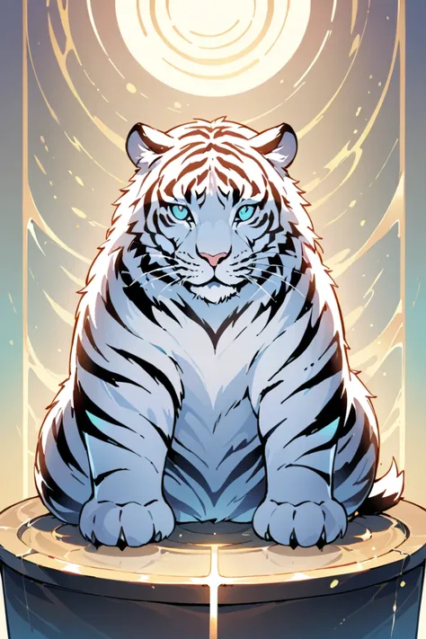 Create an illustration of a tiger that symbolizes strength and tranquility. The tiger should be depicted in a serene, natural setting, with elements that evoke a sense of calm and rejuvenation. Use soft, soothing colors to enhance the feeling of relaxation...