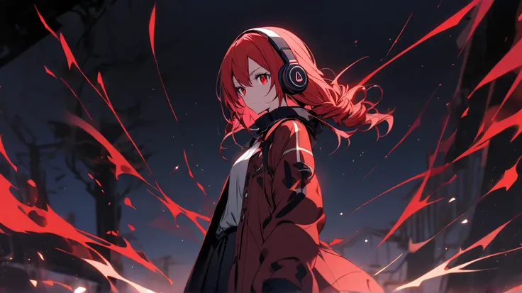 night Distant View Girl red eyes red Drill Twin hair Headphones