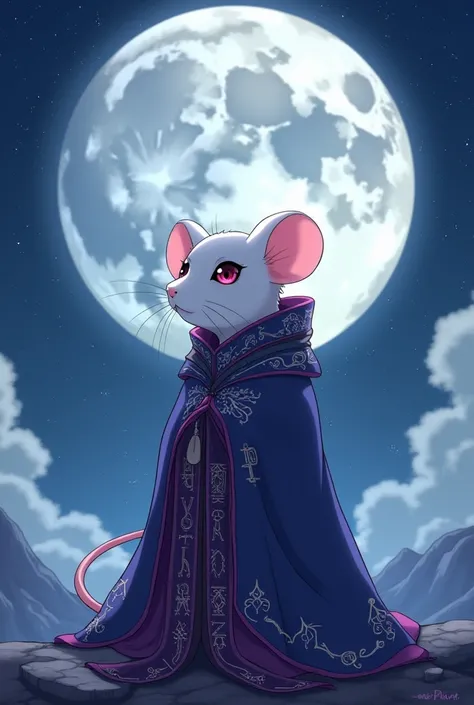 Make a white rat ,  in sorcerer clothing ,  with the moon in the background in anime style 