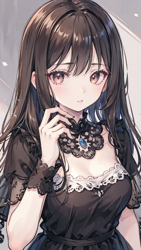 photo actual , Lip Gloss,  actual ,  Best Quality ,  ultra high resolution , depth,  Soft colors ,  Natural shadow , Focus on the face, only face,  viewers,  long hair, Black Hair, brown， Eyes Rich in Details ,  black dress, Gloves,   Anatomically correct 