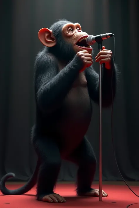 A chimpanzee on a stage with a microphone in his hand singing