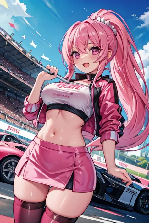 1 girl, shiny skin, best quality, masterpiece, ultra high res, cute, looking at viewer, pink clothes, race queen, bandeau top, navel, midriff, midriff jacket, pencil skirt, thighhighs, gigantic breasts, long hair, ponytail, smile, holding flag, racing car,...