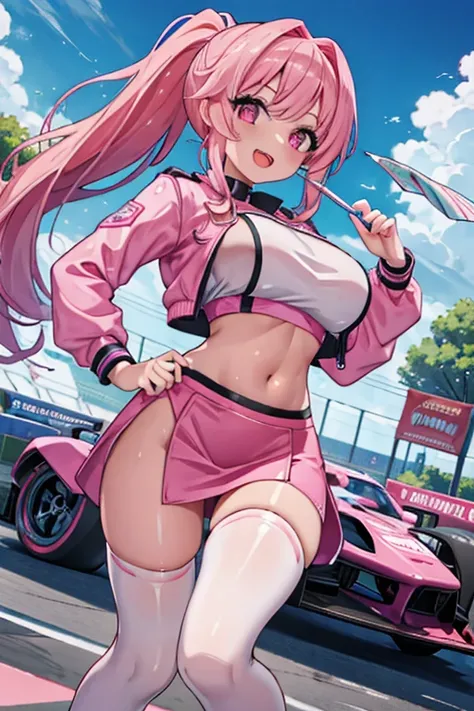 1 girl, shiny skin, best quality, masterpiece, ultra high res, cute, looking at viewer, pink clothes, race queen, bandeau top, navel, midriff, midriff jacket, pencil skirt, thighhighs, gigantic breasts, long hair, ponytail, smile, holding flag, racing car,...