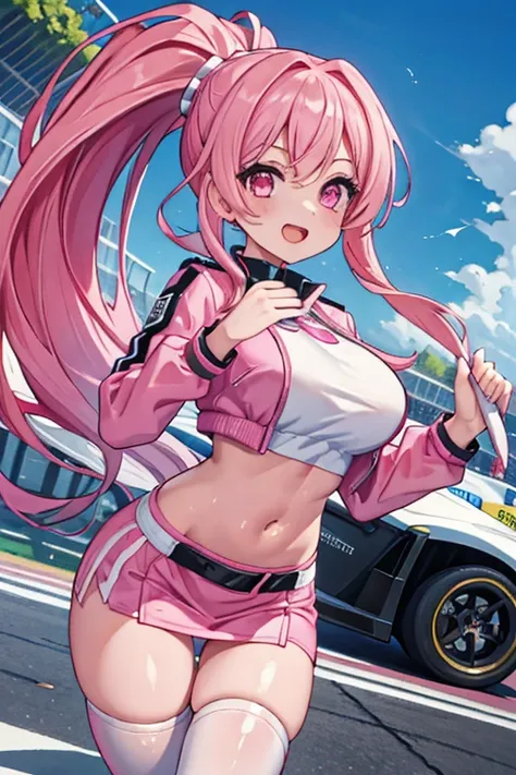 1 girl, shiny skin, best quality, masterpiece, ultra high res, cute, looking at viewer, pink clothes, race queen, bandeau top, navel, midriff, midriff jacket, pencil skirt, thighhighs, gigantic breasts, long hair, ponytail, smile, holding flag, racing car,...