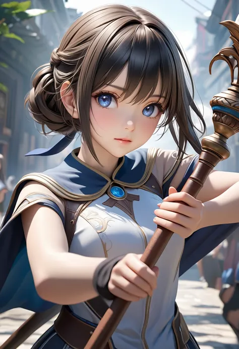 (masterpiece, top-quality, best quality, official art), photorealistic anime, hyper realistic anime, photorealistic anime girl render, 3D anime realistic, smooth anime CG art,1girl, solo, holding a magical staff, cowboy shot, highly detailed beautiful face...