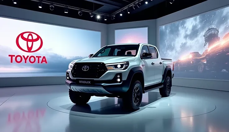 2025 Toyota Hilux in the Showroom and add the logo on wall screen 