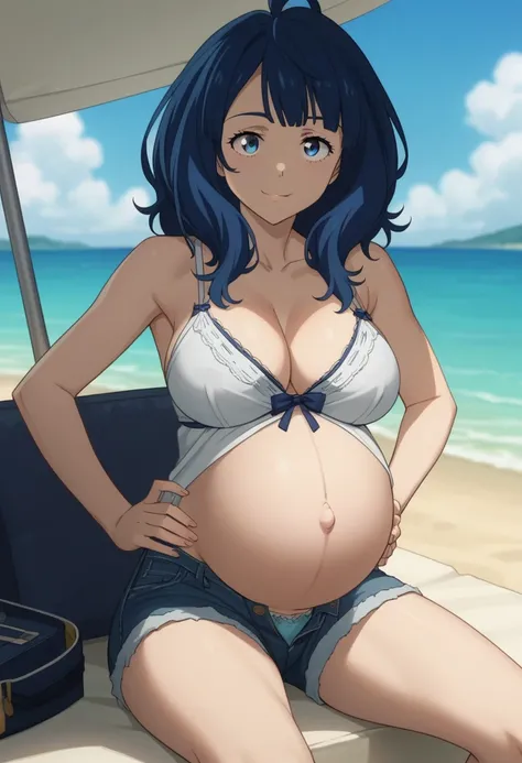 score_9, score_8_up, score_7_up, source_anime, best quality, clear face, 1girl, Yanami Anna, yanamianna, medium hair, ahoge, big breasts, blue hair, blue eyes, Perfect eyes, eyelashes, Sitting,
Nightgown, Unbuttoned shorts, Denim shorts, pregnant, Big Bell...