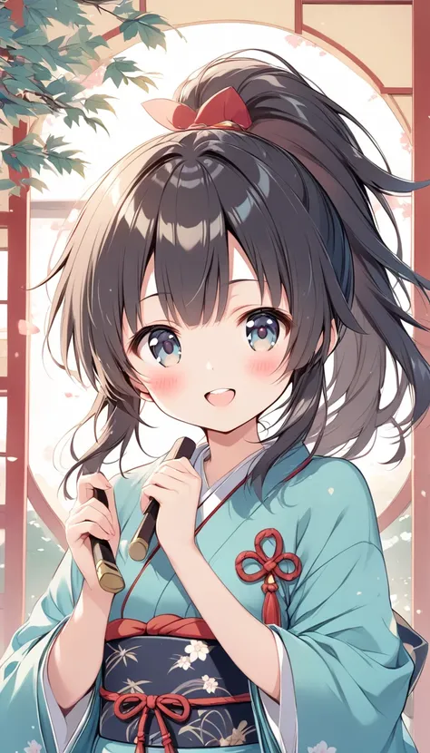 Vector art、 one girl、 Warring States period、Japanese style background、 cute smile、Ninja、sakurafubuki、( petite girl:1.4)、Front teeth、(blush) normal breasts、 ponytail