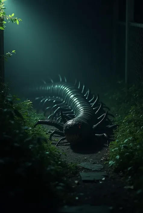 A terrifying, gigantic centipede-like creature with rows of sharp teeth crawls through a dark, overgrown garden at night. The phone flashlights beam barely pierces the darkness, highlighting its ribbed, segmented body as it slithers ominously through a sha...