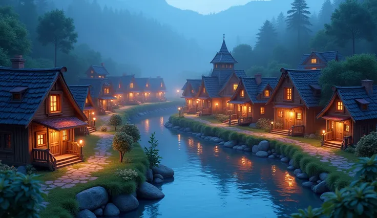 A colorful 3D cartoon-style small village by the riverside, with cozy wooden houses, glowing lanterns, and a slightly spooky nighttime atmosphere with soft mist floating around."

