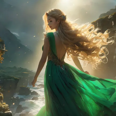 ultra quality, masterpiece, a long-haired blonde woman standing on the edge of an abyss, the sun shining in the distance, the woman is wearing a long emerald green dress open at the back and with a slit up the leg, her long hair flying in the wind as she l...