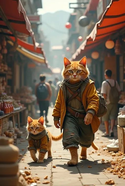  Orange cat with his kitten enter in cat market in torn vast clothes  looking for food