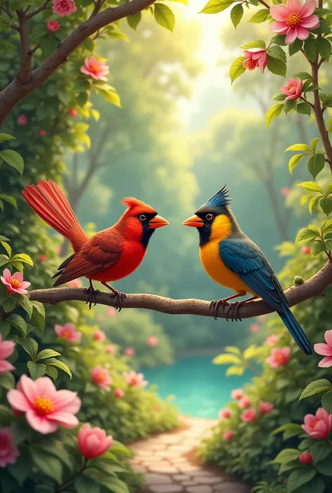 Birds conversation in a garden