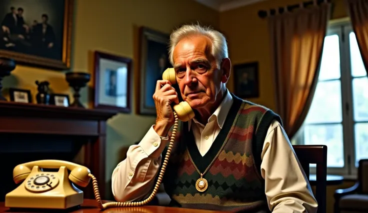 Don Esteban, a 56-year-old man with a commanding presence, speaking into a vintage rotary telephone in a dimly lit colonial-style room. His strong hand grips the beige receiver firmly, the cord slightly coiled on a wooden table beside him. His face, marked...