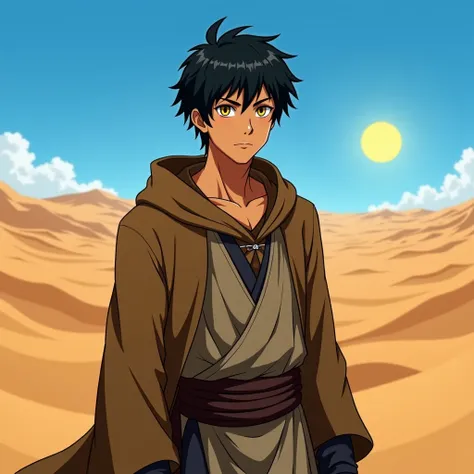 Anime boy, Mature, desert , brown skin, desert clothes,hood, desert traveler black hair, gold eyes