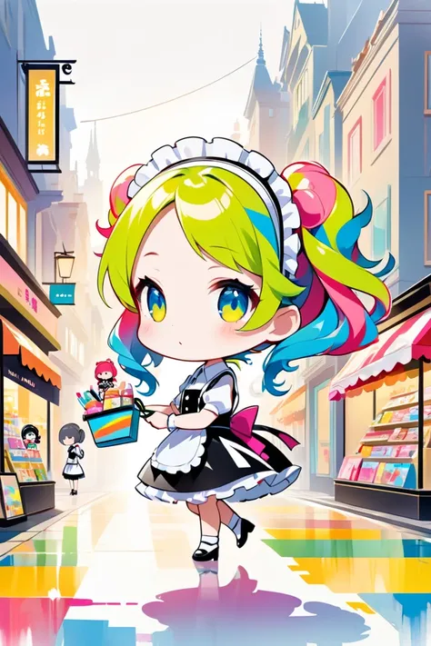 Silhouette painting 、 2 maid girls with twin tail hairstyles are shopping in town、 1 is normal tall 、 (1 is Ultra Chibi :1.2) 、Minimal、Pop Color、 Vivid Colors、Strong pastel colors、 professional artwork 、Awards、 super fine paint 、