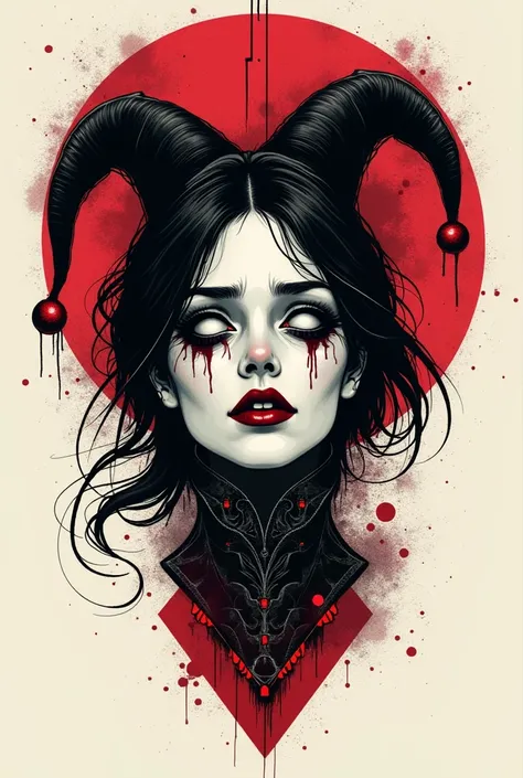 Make a dark but not so realistic tattoo style design with details of a jester in black and red and squares,  But let it be the face of a sad woman with her eyes only in white 