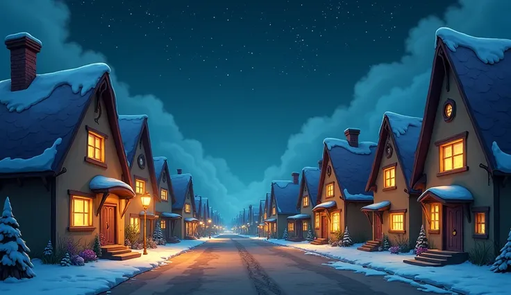 "A cartoon-style silent village with empty streets, glowing windows, and a mysterious dark sky filled with twinkling stars and soft fog."

