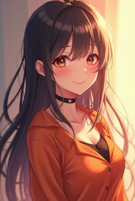 Please create a image of a anime female character with long hair beautiful face and a ssmile wearing a orange shirt Blck na white 