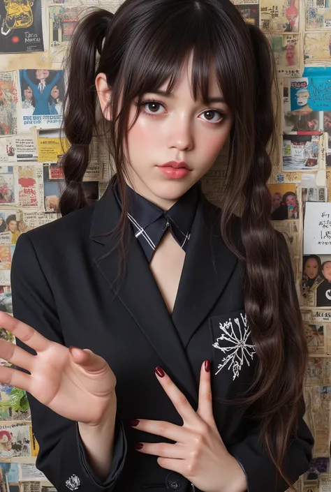 masterpiece, super detailed , 8k, 1 girl, shiny Droopy eyes, Droopy eyes, Big Iris:1.5, Big Iris:1.5, (( pop art )), Surrounded by a chaotic collage of newspaper and magazine clippings creating a dynamic, textured background 、 Create an image of a youn...