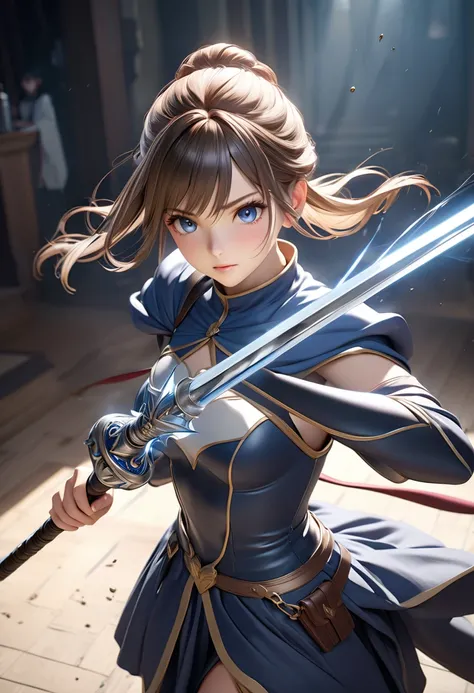 (masterpiece, top-quality, best quality, official art), photorealistic anime, hyper realistic anime, photorealistic anime girl render, 3D anime realistic, smooth anime CG art,1girl, solo, holding a magical rapier, cowboy shot, highly detailed beautiful fac...