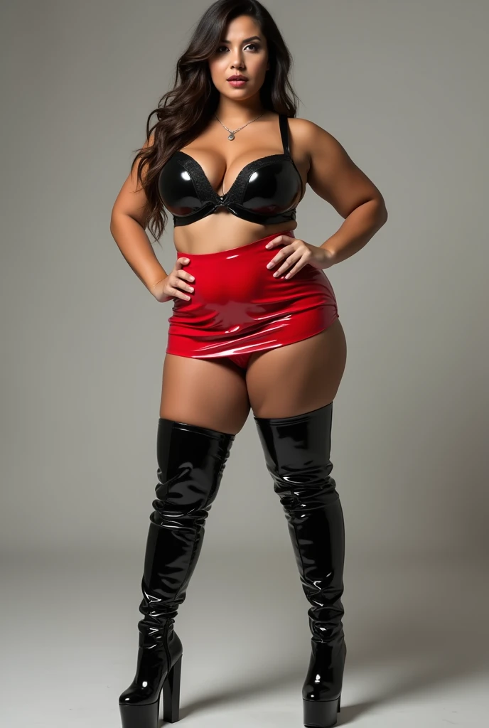 Super sexy chichona woman wearing a tight black latex bra and mini red latex skirt in black latex platform boots,Improve the quality of the photo and make it a real photo , Full body but full body 