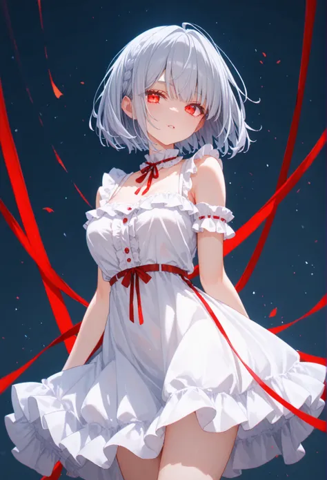 creating an atmosphere of mystery. Her posture showcases confidence and elegance. moe-style artwork,1girl, Alone,silver hair, red glowing eyes, bob cut,sharp facial features,,porcelain skin,breasts,1girl, solo,frill layerd dress,long boots,