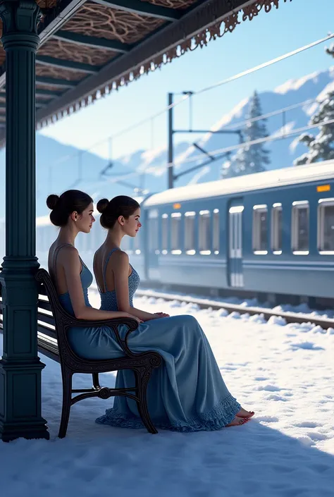 In winter hills train station beautiful women waiting for train sitting in station bench