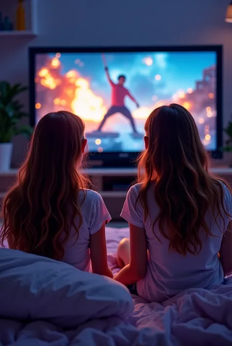 A couple of girls are gathered in a small room with a mattress and her tv is watching movie action with a lot of fun and making the situation very realistic