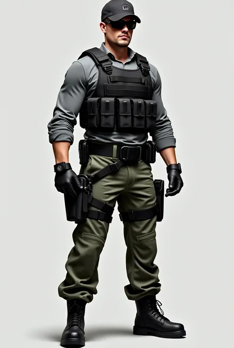 Image of a full man wearing a black boot ,  military green pants over the ends of the boot ,  black tactical belt with a pistol on the right side and a knife on the left, Long sleeve gray shirt , Black tactical vest, black gloves,  black watch on left wris...