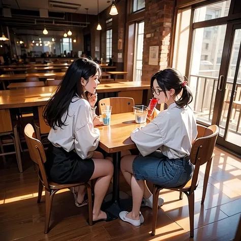 3 beautiful slim small brest Asian women are wearing oversized colorful loose blouses. Wearing a long tight skirt. Skirt cover the legs. Sitting and drinkibg softdrink in glasses in a restaurant by the window. A table in the middle. Table is between girls....