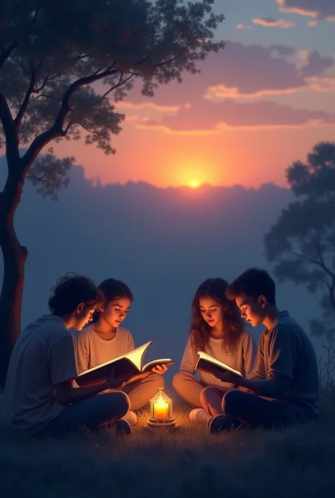  A twilight setting with several people enjoying the twilight while reading a book. Create the size of A5 