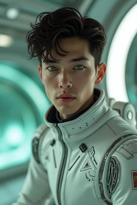 Teenage Caucasian male,  white skin , no beard,  bright green eyes ,  dark brown hair , face and features perfect soft lips sculpted,  maxillary and well-defined cheekbones divine beauty, Divine Aura . with a spacesuit on a spaceship 
