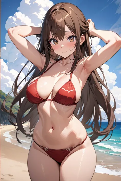 masterpiece, best quality, ultra-detailed, illustration, detailed day beach, detailed Beautiful anime girl, Standing up, streching your arms up, detailed brown hair, long hair, detailed beautiful faces, detailed brown eyes, detailed sweet look, detailed sw...