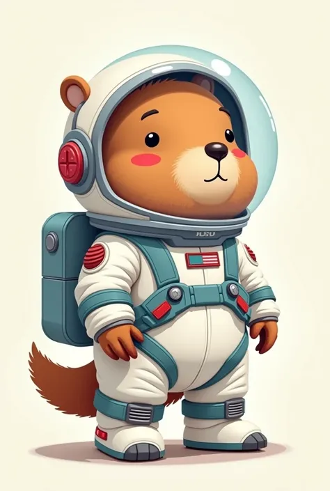  Imagine an adorable capybara wearing a white and silver astronaut suit.  The outfit is complete ,  with a transparent helmet and blue and red details , like those from NASA . Create this 2D image