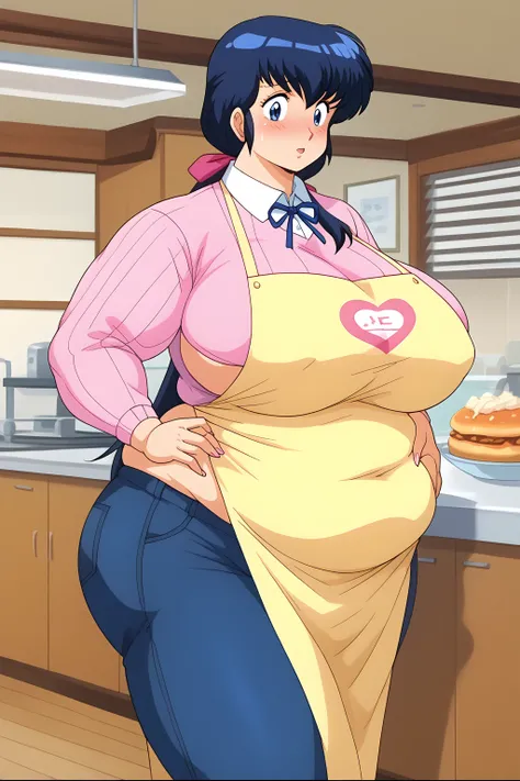 Otonashi Kyoko, Kyoko Otonashi,  long hair, 紺色の髪,low ponytail, pink barrette ribbon, Dark blue eyes, plain clothes ,  pink sweater, Blue jeans, Yellow apron,  shirt with white collar , living room,milf,,blush,  troubled expression, embarrassed expression,S...