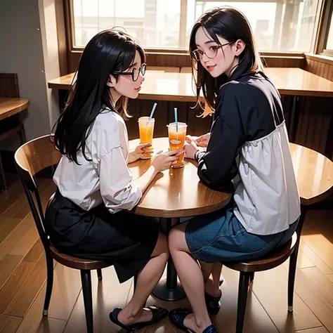 3 beautiful slim small brest Asian women are wearing oversized colorful loose blouses. Wearing a long skirts. Their Skirts cover the legs. 

Sitting and drinkibg softdrink in glasses in a restaurant by the window. A table in the middle. 

Table is between ...