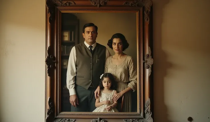 An old family portrait hangs on the wall of a colonial-style room, encased in an ornate wooden frame. The photograph, slightly sepia-toned and weathered by time, captures Clara’s family from two decades ago. Don Esteban, approximately 36 years old, stands ...