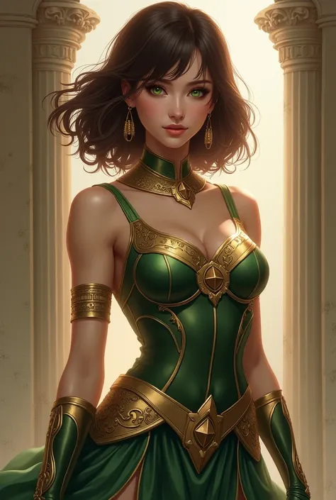 Create me an image in the Korean manwha fanart style with a woman of Greek origin with green eyes and medium-short brown hair with bangs with a cold look with a voluptuous and muscular body and tall with the beauty of a goddess wearing short Amazonian armo...