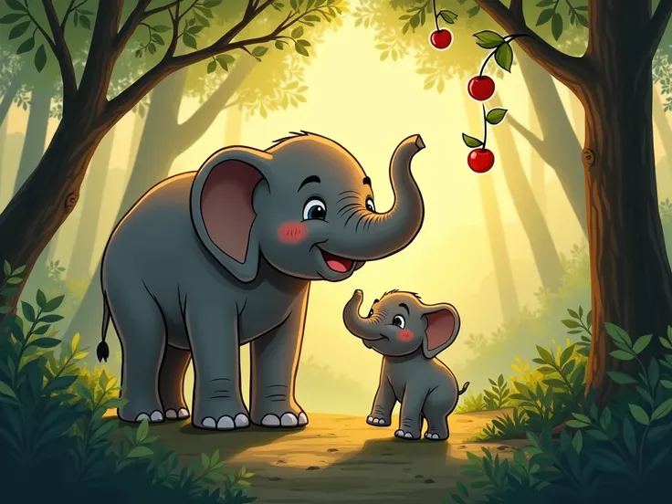 **Narrator:**
"In the heart of the jungle, where the trees stretch as far as the eye can see, lived a loving mother elephant named Ellie and her curious little one, Tiko. Every day, they explored together, playing by the river, munching on leaves, and enjo...