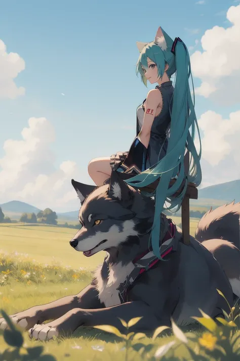 Outdoors,1 cat girl, Sitting astride a huge wolfs back running,wild field, Hatsune Miku,