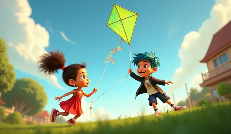 A wide-angle view of Ella and Ben playing in their backyard, ben is gripping a long string of their big brand-new kite—a bright, green diamond with a silver tail that shimmers in the sunlight. The kite flies high into the sky and into the clouds
Ella: "Ell...