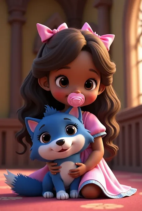 Create Kingdom Hearts style a beautiful little black baby with brown eyes with long wavy brown hair with a pink pacifier in her mouth with pink bows on her head wearing a pink dress with blue details holding a blue plush wolf toy in a medieval room