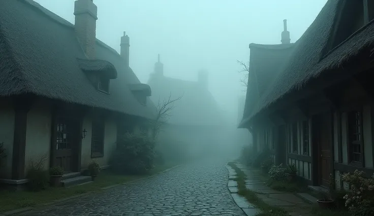 village with several old houses and a cobblestone street amidst a lot of fog